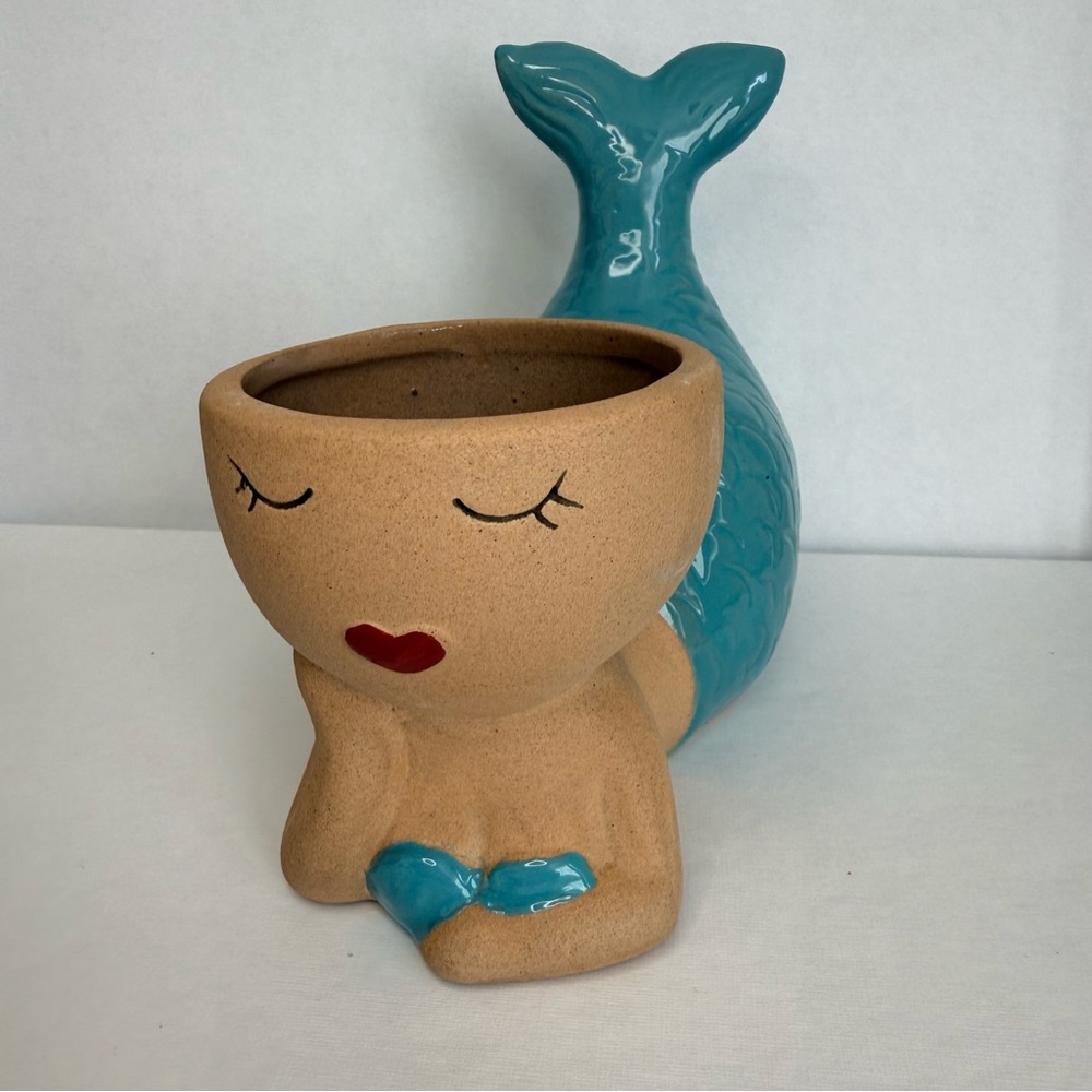 Ceramic Mermaid Planter in Turquoise - Vase Pot Succulent Candle Holder - Beach - Picture 3 of 8